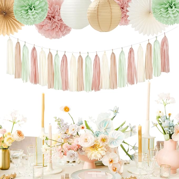 Sage-Green Pink-Beige Bridal-Shower Party-Decorations - Image 4