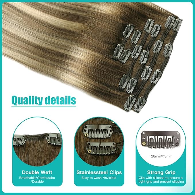 SURNEL Clip in Extensions Human Hair Balayage Walnut Brown to Ash Brown and Golden Blonde Clip in Hair Extensions 20inch 120g 6pcs(#3/8/22,20'')