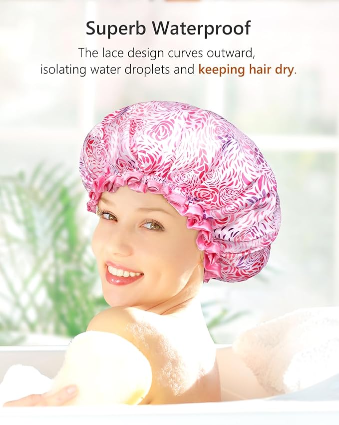 mikimini Large Shower Cap for Women Long Hair, 1 Pack,Romantic Petal Design, Double Layer Waterproof, Reusable, Washable, High-quality, Floral Print