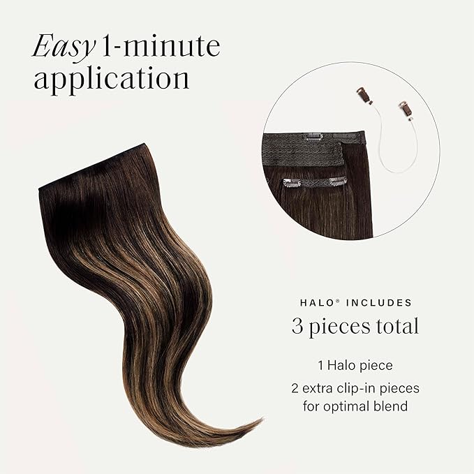 Luxy 100% Remy Human Hair – Halo Clip-In Hair Extensions –Natural Looking Volume & Length - One-Piece - Easy 5-Min Application 150 grams 12" Dark Brown Balayage