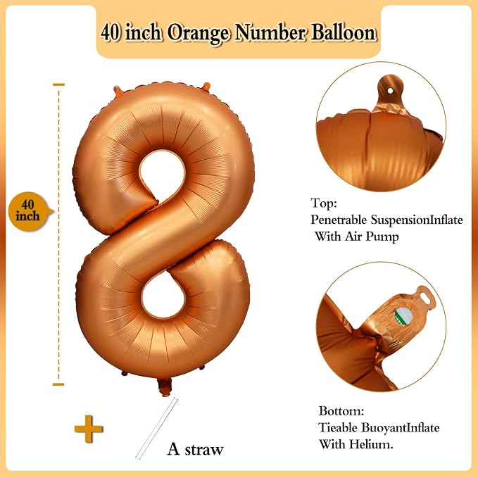 40 inch Orange Number 8 Balloon 8th Birthday Party Decorations | Giant Foil - Image 2