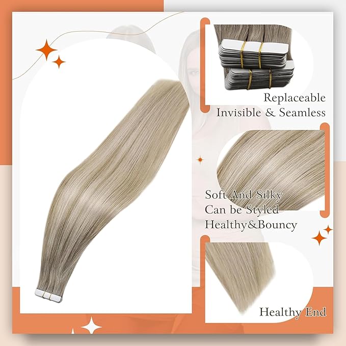 Full Shine Hair Extensions Color 19/8/60 Balayage Tape in Hair Extensions Human Hair 24Inch Seamless Skin Weft Remy Natural Brazilian Extension 50G 20Pcs for Wedding Soft Silky