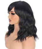 Shoulder Length Natural Black Wavy Bob Wigs For Women Short Wavy Wigs With Bangs Synthetic Wavy Wigs Heat Resistant Daily Use Wigs(Natural Black)