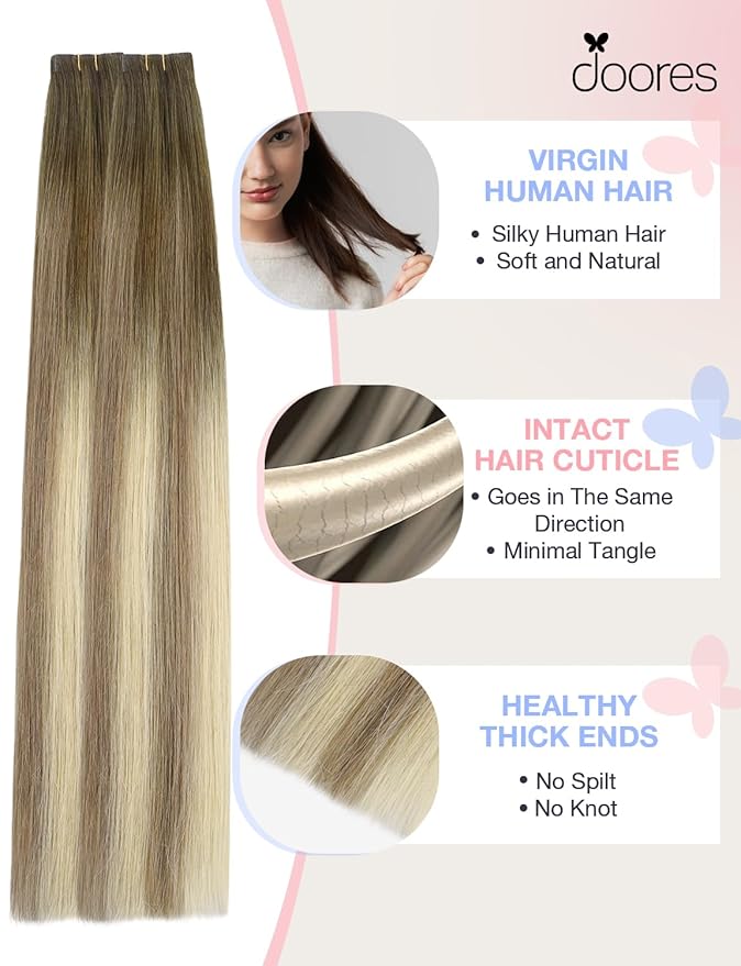DOORES Invisi Edge Tape in Human Hair Extensions, Walnut Brown to Ash Brown and Bleach Blonde 10 Injection Tapeins with 10 Injection Tapeins 50g 24 Inch, Virgin Injected Tape in