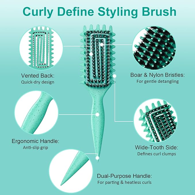 2-Pack Curly Hair Brush, Curl Defining Brush with Soft Boar Bristles Detangling Tangled Glides, Wide-Teeth Design Effortlessly Shaping & Defining Curls, Curling Definer for Wet & Dry Hair (Green Pink)