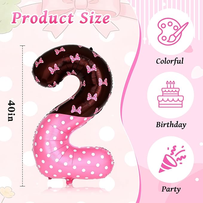 40 Inch Pink Cartoon Mouse Number 2 Balloon, Birthday Party Decorations | Black - Image 3