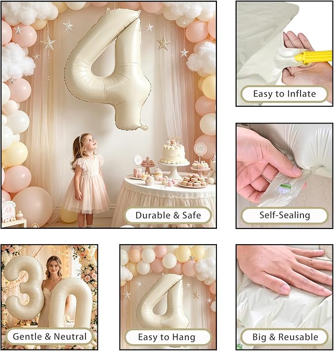 40 Inch Cream Number Balloons 0-9, Giant Self-Sealing Beige Foil Number 0 White - Image 5