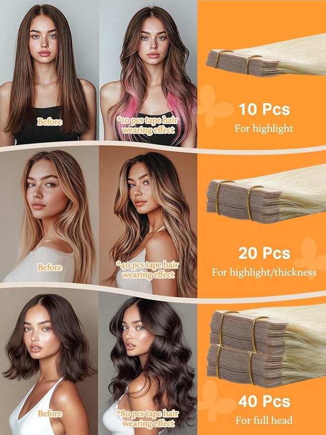 DOORES Tape in Hair Extensions, Platinum Blonde 12 Inch 40g 20pcs, Tape in Hair Extensions Human Hair Natural Remy Straight Hair