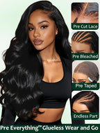 KLAIYI Loose Body Wave Pre Everything Glueless 13x4Lace Front Wig Human Hair Drawstring Precut Lace Pre Plucked Bleached Bye Bye Knots 3S Ready to Wear and Go Wig with Face Framing Curtain Bang 22Inch