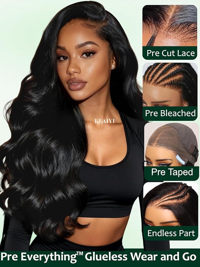 KLAIYI Loose Body Wave Pre Everything Glueless 13x4Lace Front Wig Human Hair Drawstring Precut Lace Pre Plucked Bleached Bye Bye Knots 3S Ready to Wear and Go Wig with Face Framing Curtain Bang 18Inch