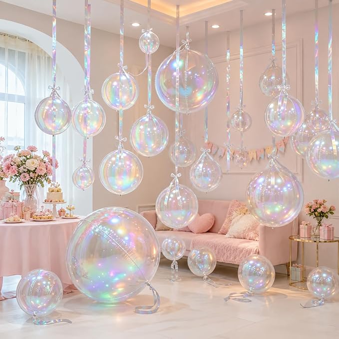 14 Pcs Iridescent Round Foil Balloons Mermaid Holographic Balloons | Iridescent - Image 3