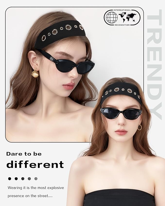 Grommet Headband for Women, Black Circle Studs 23cm Hollow Out Elastic Hair Band, Eyelets Punk Grunge Stylish Hairband