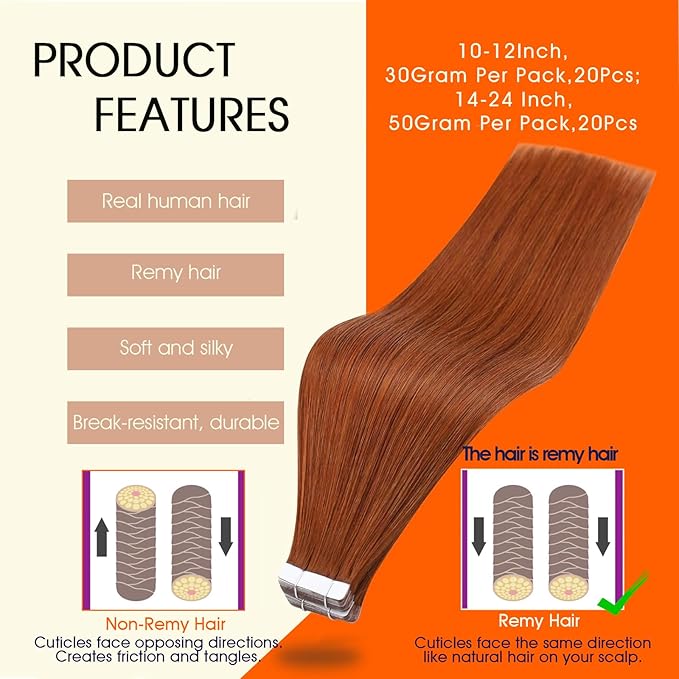 Full Shine Tape in Extensions Color 550 Red Orange Double Sided Tape in Hair Extensions Human Hair 12Inch Short Straight Extension 30Gram 20Pcs Remy Seamless Skin Weft Long Lasting Natural