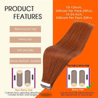 Full Shine Tape in Hair Extensions Human Hair Remy Tape ins Human Hair Extensions Color 550 Copper Invisible Skin Weft Long Silky Straight Extension 20Inch 50Gram 20Pcs Add Volume