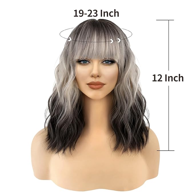 FAELBATY Short Brown Ombre Grey Wig Short Wave Bob Wigs for Women With Bangs Shoulder Length Synthetic Cosplay Party Wig for Girls Costume Wigs (12" 60R)