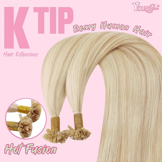 YoungSee K Tip Highlight Hair Extensions Highlight Ash Blonde with Bleach Blonde K Tip Hair Extensions Real Human Hair Highlight 16In 1G/S 50G