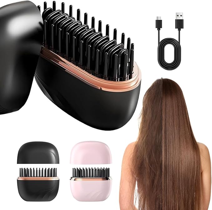 GlamBrushs Mini Hair Straightener, Rechargeable Wireless Portable Hair Straightener Brush, 3-Speed Temperature Control, Anti Scald Shell, Suitable for Home Travel (Black)