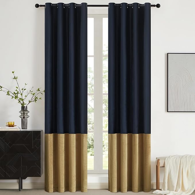 Blue Gold Velvet Blackout Curtains Luxury Decor 120 inches, Color Block | by ModernShinyVelvetCurtains