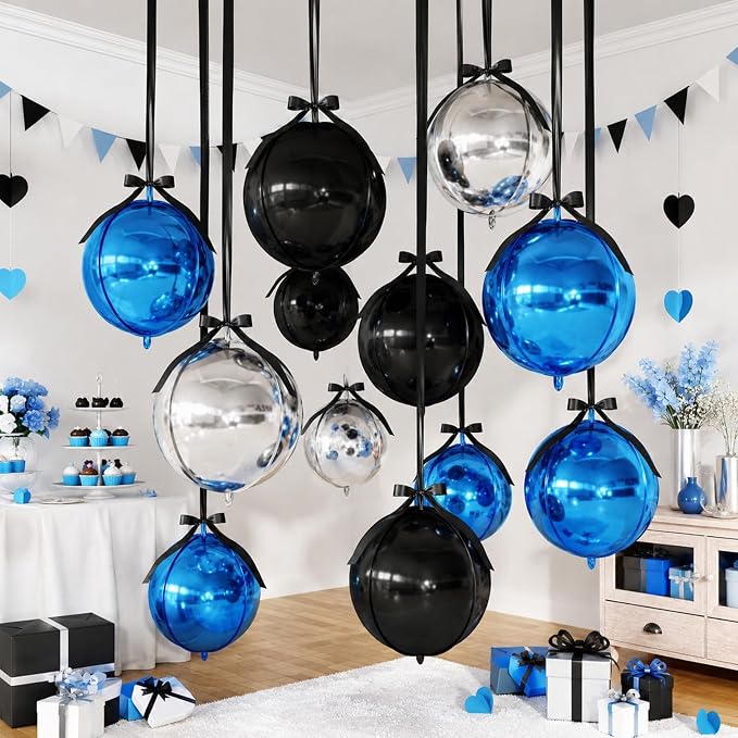 Black Blue Silver Round Foil Balloons - Image 4