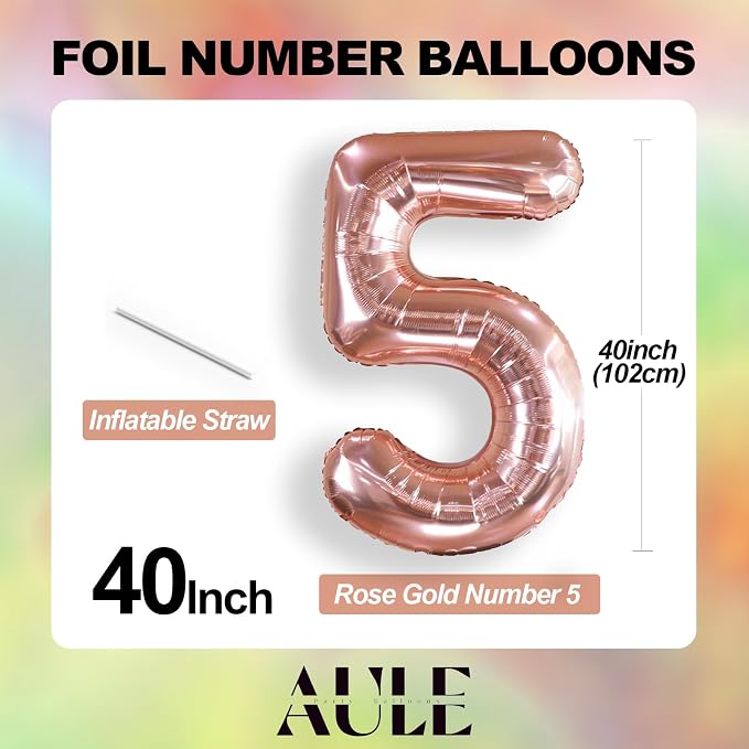 AULE 40 Inch Rose Gold 5 Balloon Number Foil 0-9 Birthday Big Numbers | - Image 3
