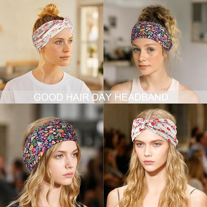 Artilady 6 Pack Boho Headbands for Women - Wide Bandana Headband Non Slip Stretchy Cheetah Flower Turban Headwarp Twisted for Girls