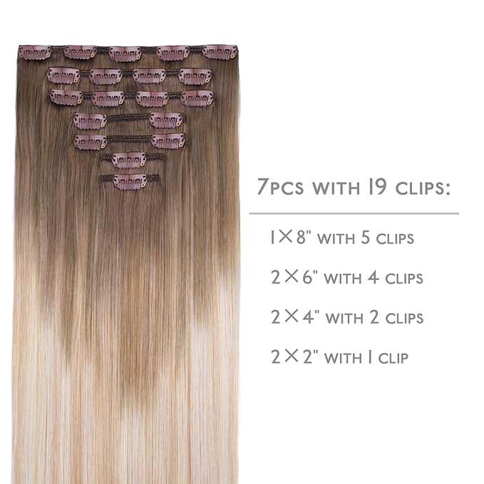 WENNALIFE Clip in Hair Extensions Real Human Hair, 12 Inch 80g 7pcs Remy Hair, Balayage Sandy Brown to Platinum Blonde Straight Natural Extensiones De Cabello Humano Con Clip Ins