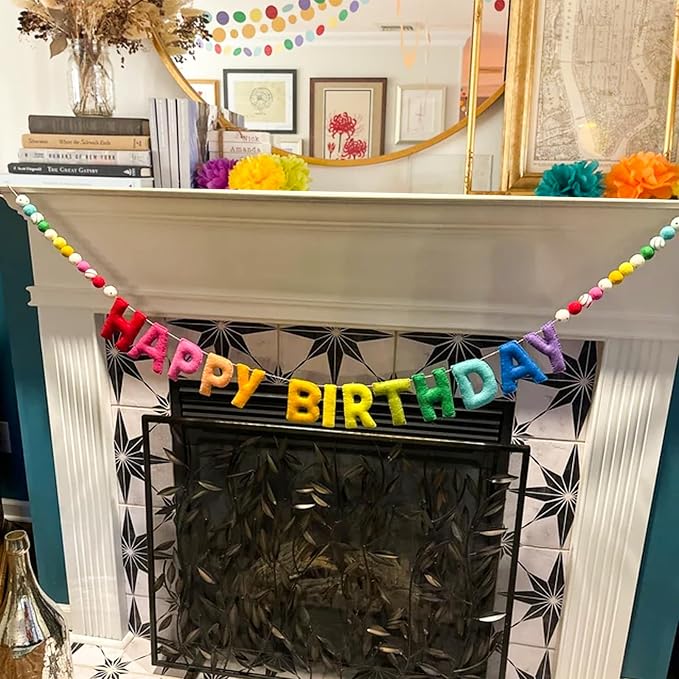 Pre-Strung Happy Birthday Banner, Reusable HAPPY BIRTHDAY Felt Ball Garland | - Image 2