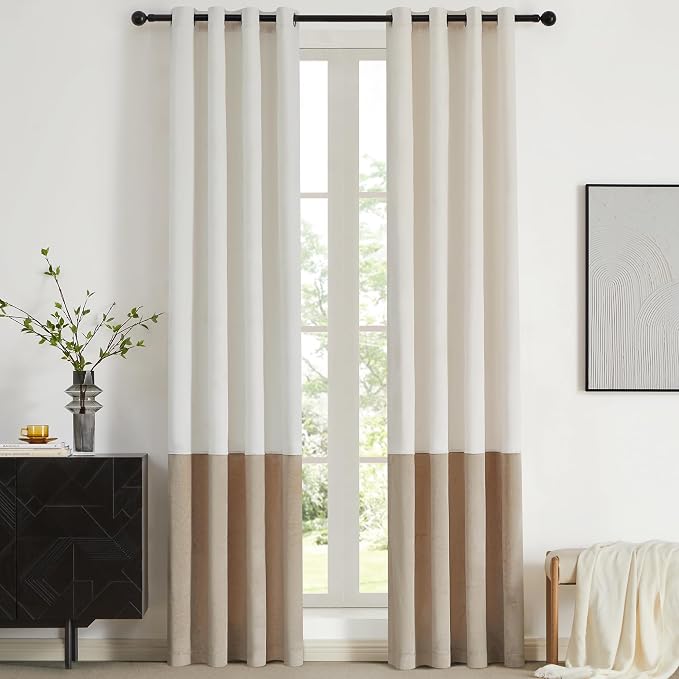 BULBUL Cream Ivory Champagne Luxury Velvet Curtains 120 inch, Color Block | by ModernShinyVelvetCurtains