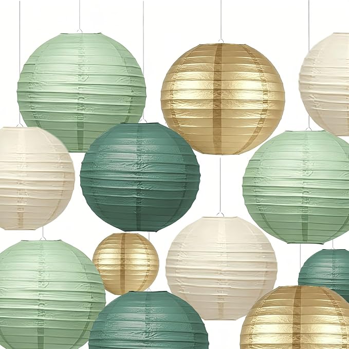 Boho Paper Lanterns Set of 12, 6/8/10 Inch Sage Green, Bridal Shower & Party by AimtoHome
