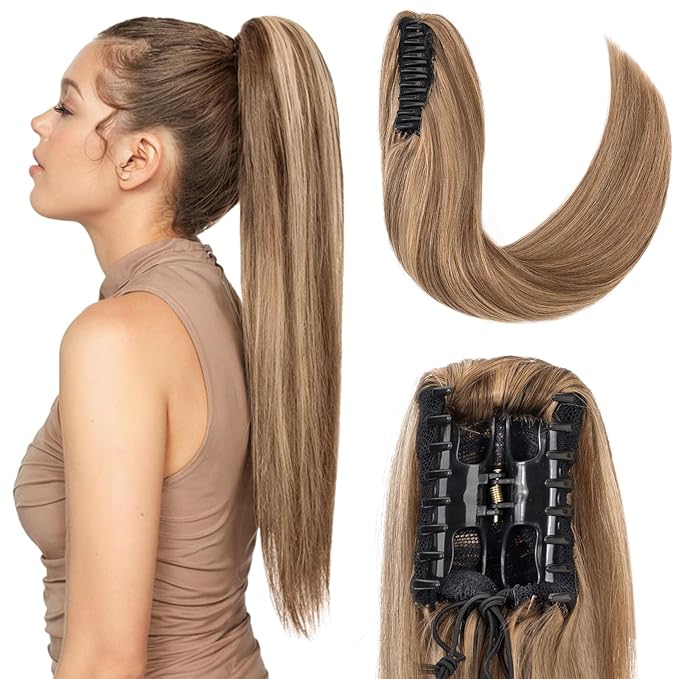 Hairro Claw Clip Ponytail Human Hair Extensions Jaw On Ponytails Remy Long Straight Jaw/Claw Clips Pony Tail Hairpieces For Women 14 Inch 105g #4P27 Medium Brown Mix Dark Blonde