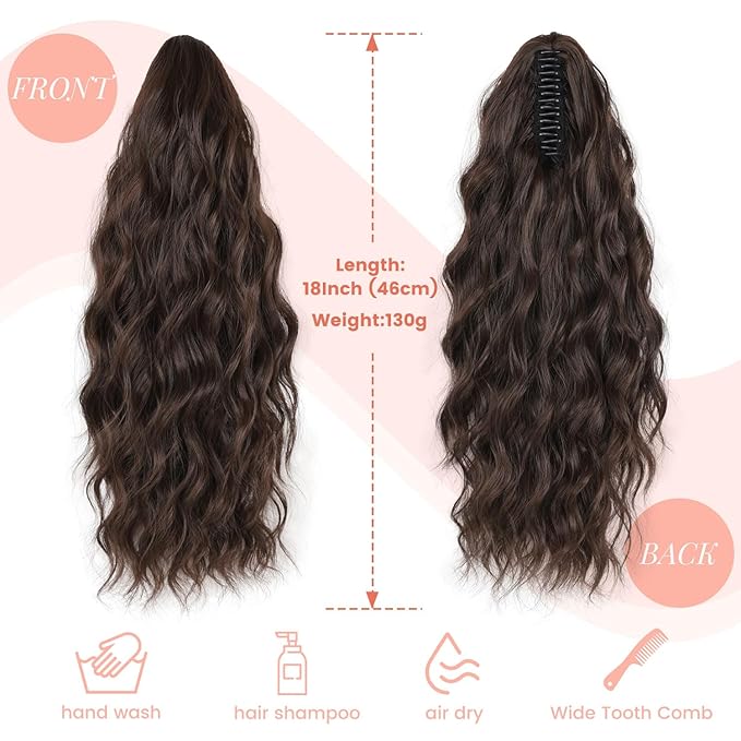 Ponytail Extension, 18 Inch Claw Clip Ponytail Extensions Wavy Ponytail Hair Extension for Women Fluffy Natural Synthetic Jaw Clip on Pony Tails Hairpiece for Daily Use (Dark Brown)