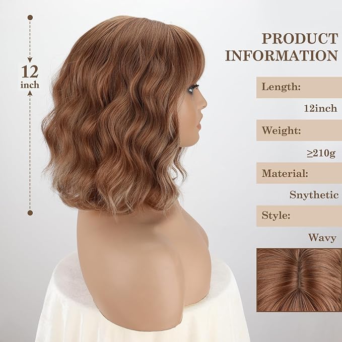 MISSQUEEN Light Brown Wavy Wig with Bangs Short Synthetic Curly Blonde Brown Highlight Wigs Heat Resistant Synthetic Fibre Wigs for Women Girls Daily Party Holiday Festival Chrismas Used