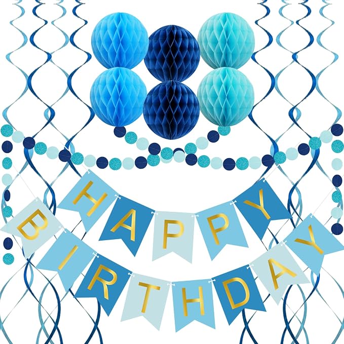 Blue Birthday Decorations with Happy Birthday Banner, Paper Honeycomb Balls by ALLFUN