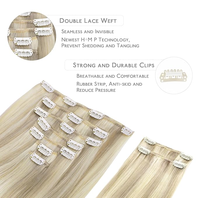 WENNALIFE Hair Extensions Clip In, 9pcs 20inch 150g Ash Blonde Highlighted Platinum Blonde Thicker Clip In Hair Extensions Real Human Hair Remy hair extension Double Weft Clip in Human Hair Extensions