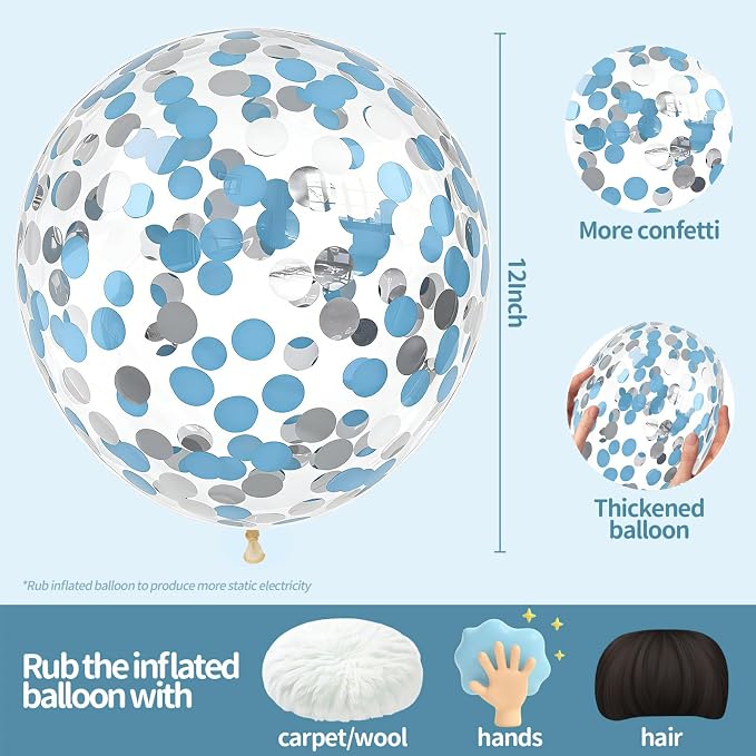 VHUWE Light Blue Silver Confetti Balloons 25 Pcs, 12 Inch Thickened Clear Latex - Image 2
