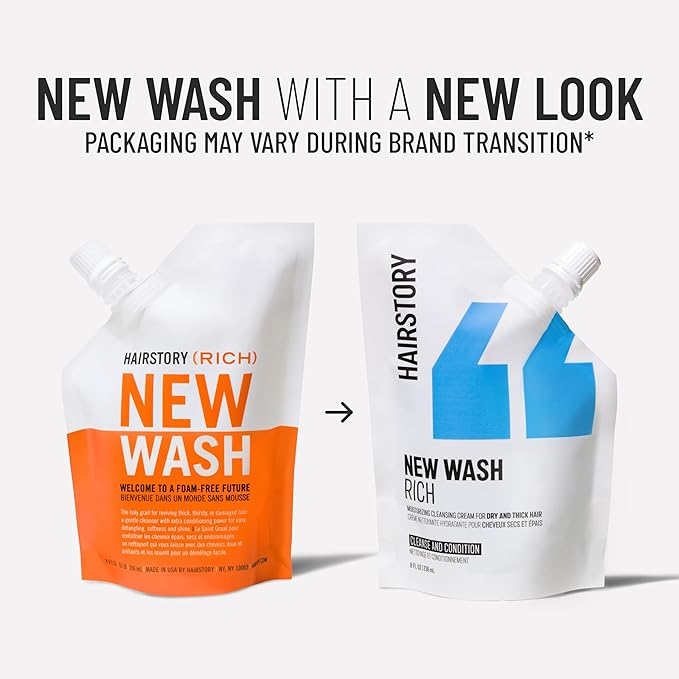 Hairstory New Wash Rich Refill, Ultra-Moisturizing Cleansing Cream for Dry & Thick Hair, Detergent Free Shampoo & Conditioner Alternative, Restores Softness & Shine, 8oz