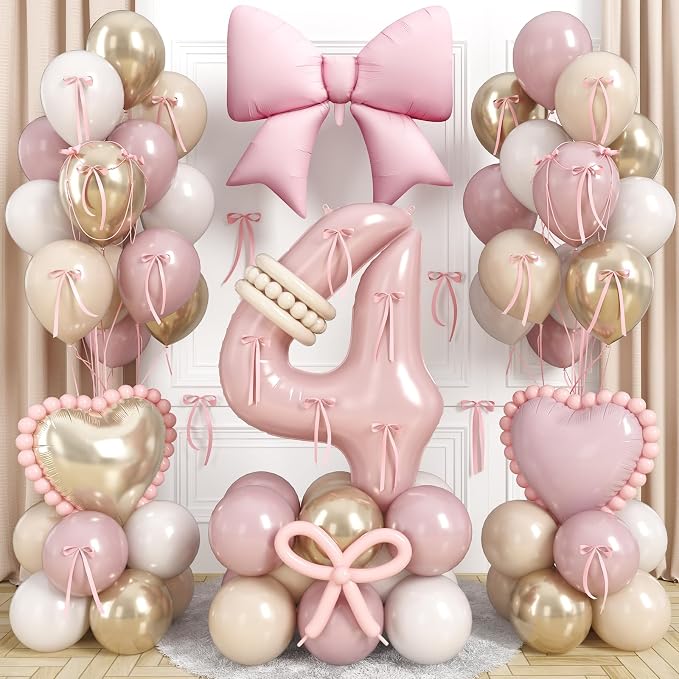 Pink 4 Balloon Number 40 Inch, Dusty Blush Pink Gold Sand White Latex Balloons by Jobkoo