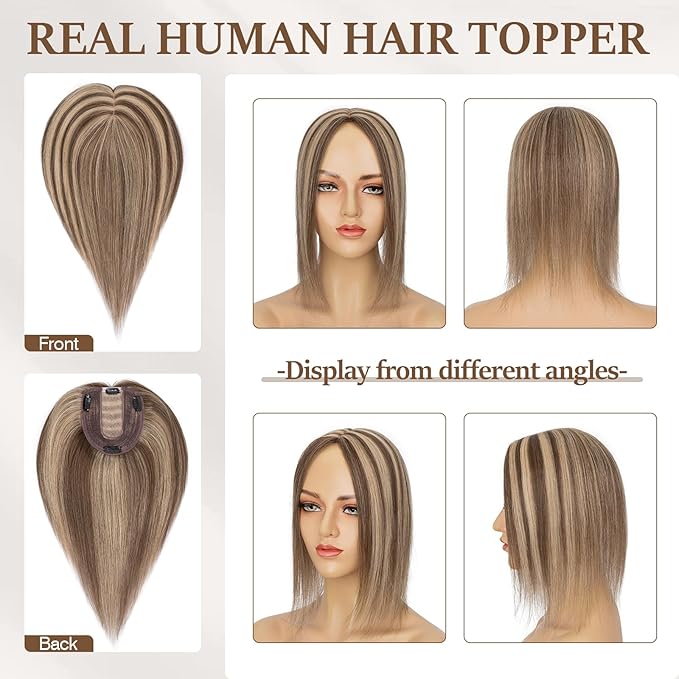 Rich Choices Hair Toppers for Women Real Human Hair 100% Human Remy Toppers NO Bangs with Thinning on Top Clip in Hairpiece 4"x4.7"Lace Base 10 Inch #4P27 Medium Brown Highlights Dark Blonde