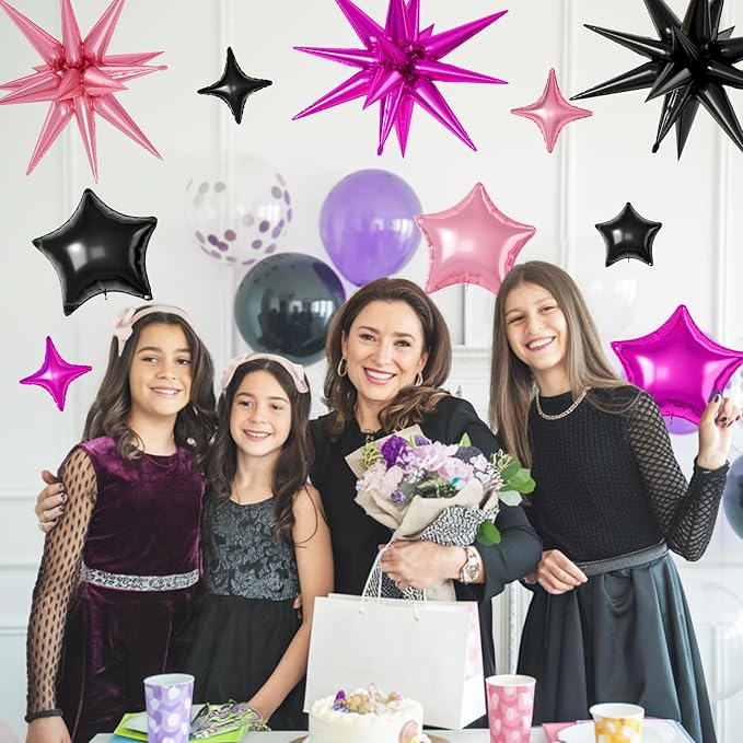 Black Hot Pink Star Balloons, 22/18/10 Inch Foil Balloons, Four-Pointed Balloon - Image 6