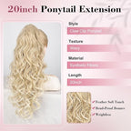 QGZ 20" Wavy Ponytail Extension, Claw Clip Ponytail Hair Extension, Natural Synthetic Hairpiece for Women Daily Use(Blonde with Light Blonde Ends)