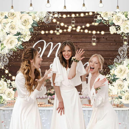 7x5ft Floral Mr and Mrs Engagement Decorations Backdrop White Flowers Wooden - Image 4