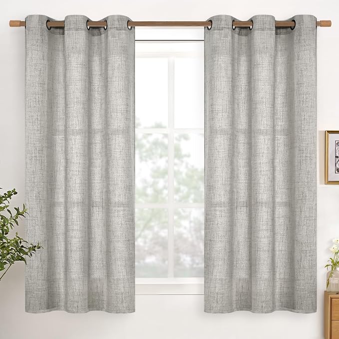 YoungsTex Dark Grey Linen Curtains 45 Inches Length, Textured Semi Sheer Drapes by YoungsTex