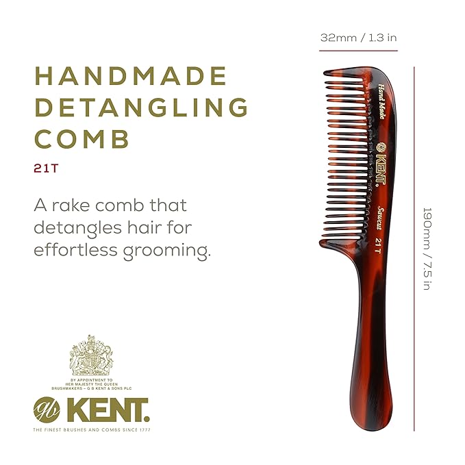 Kent 21T Large Hair Detangling Comb, Double Teeth Wide Tooth Comb for Curly Wavy Hair, Saw-Cut and Handmade (7.5")