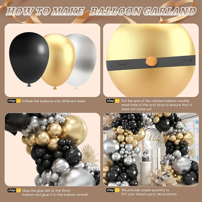 412Pcs Black Gold Silver Balloons Garland Arch Kit, 18 12 10 5 Inch Different - Image 3