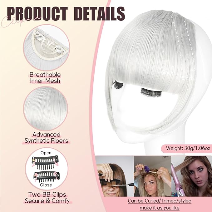 Clip in Bangs, Synthetic French Bangs Hair Clip, Silver Grey Fake Bangs Fringe with Temples Hairpieces for Women Natural Curved Hair Extensions for Daily Wear