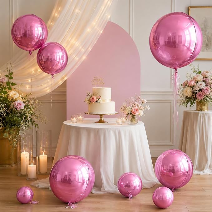 15 Pcs Pink Round Foil Balloons, 22/15/10 Inch 4D Ball Balloons Pink Ball - Image 5