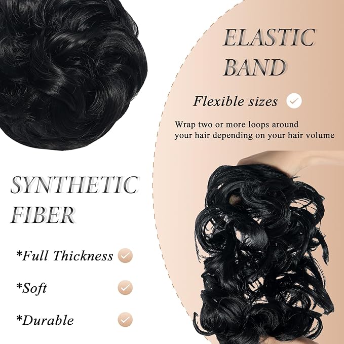 Large Messy Bun Hair Piece Curly Synthetic Extensions Scrunchies Fake Chignon Updo Hairpieces for Women Jet Black