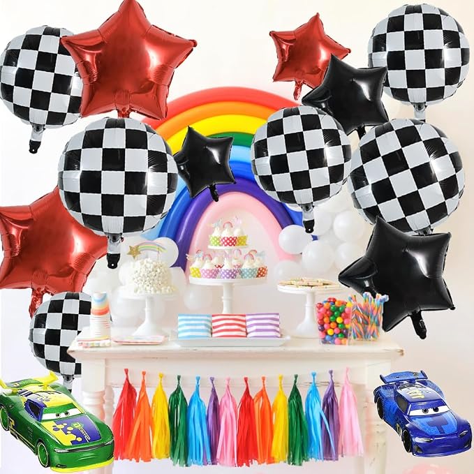 TONIFUL 18Pcs Checkered Round Foil Balloons Race Car Themed Party Decor | 18 - Image 4