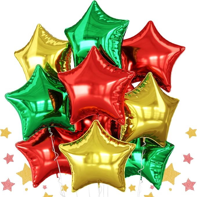 Red Green Gold Star Foil Balloons, 18 Inch Large Metallic Stars Balloons Helium by BIAPIAN