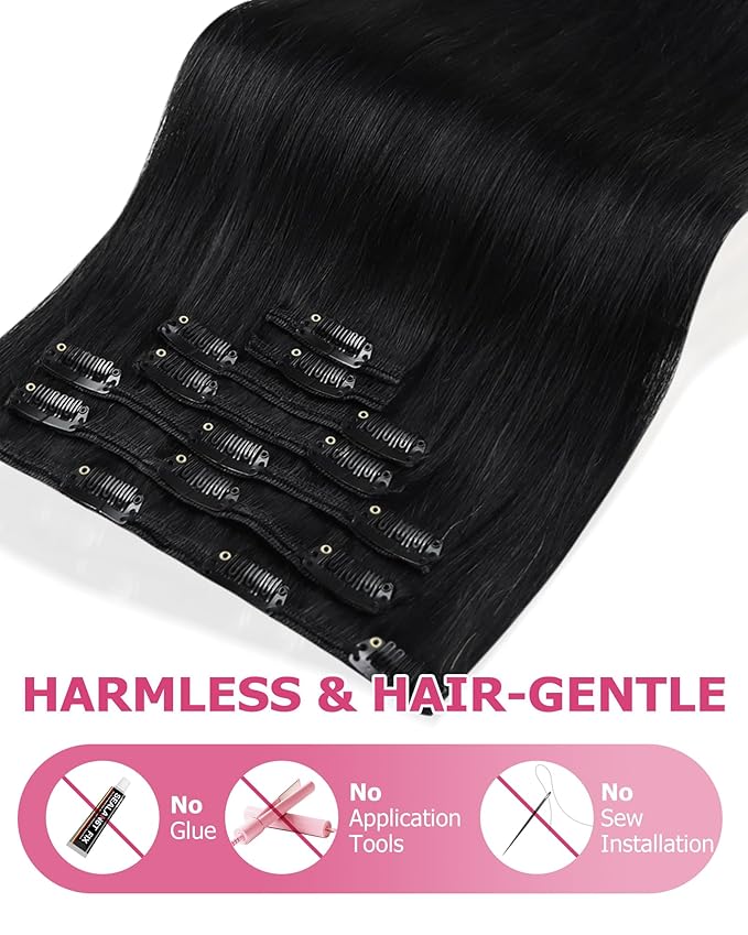 YoungSee 150G Human Hair Clip in Extensions Jet Black Clip in Human Hair Extensions Jet Black Clip on Hair Extension Real Hair Full Head Long Hair Extension Clip ins for Women 22Inch 7Pcs